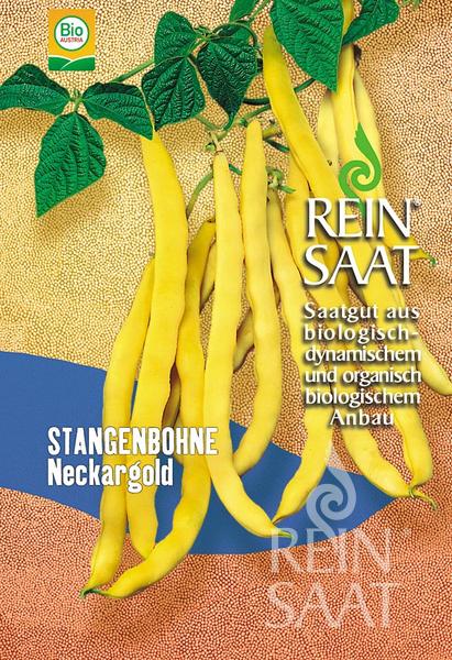 Eine Saatgutpackung von Reinsaat zeigt die Stangenbohne 'Neckargold' mit gelben Hülsen und grünen Ranken, die als biologisch und biodynamisch gekennzeichnet ist. Die Verpackung hat einen blau-gelben Hintergrund mit dem Reinsaat-Logo.