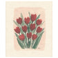 Ein handgemalter Strauß roter Tulpen mit grünen Blättern ziert das beigefarbene 'Rote Tulpen' biologisch abbaubares Schwammtuch von More Joy Home, das in der rechten unteren Ecke Saris Unterschrift trägt.