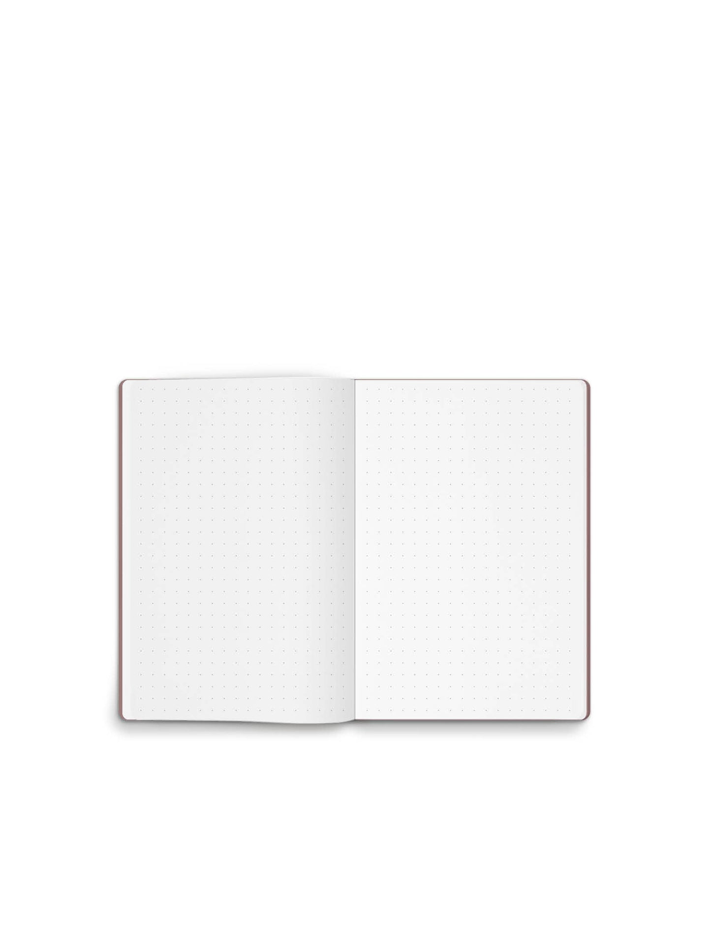 Das Tinne Mia Bullet Journal A6 'Grid Burgunderrot' mit FSC-zertifiziertem Papier wird von oben auf weißem Hintergrund gezeigt; die freien Seiten präsentieren ein gepunktetes Raster ohne Beschriftung.