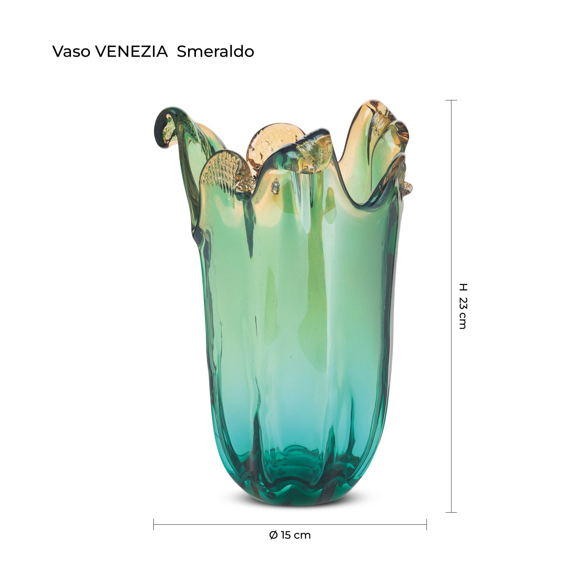Die Murano Dream Vase „Venezia“ ist eine mittelgroße, handgefertigte Glasvase aus grünem Murano-Glas mit gewelltem Rand. Maße: 25 cm hoch, 14 cm Durchmesser.