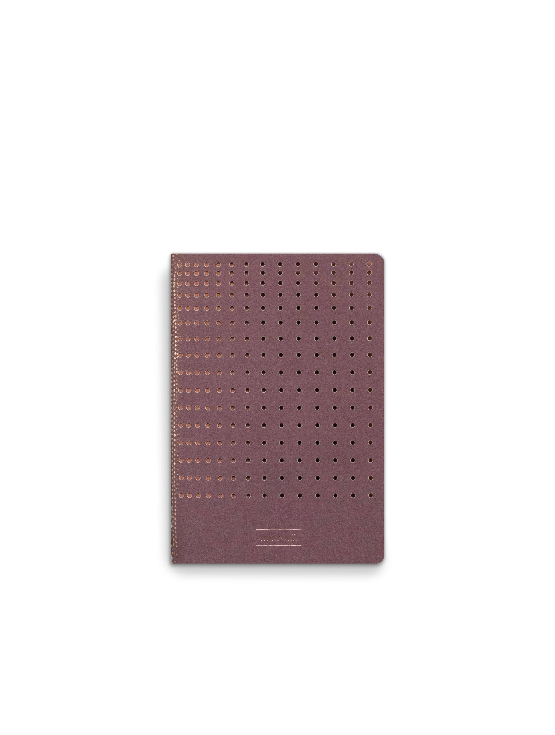 Das Tinne Mia Bullet Journal A6 'Grid Burgunderrot' besteht aus FSC-zertifiziertem Papier, einem Einband mit einem Raster aus kleinen perforierten Löchern und goldenen Punkten und ist auf weißem Hintergrund abgebildet.