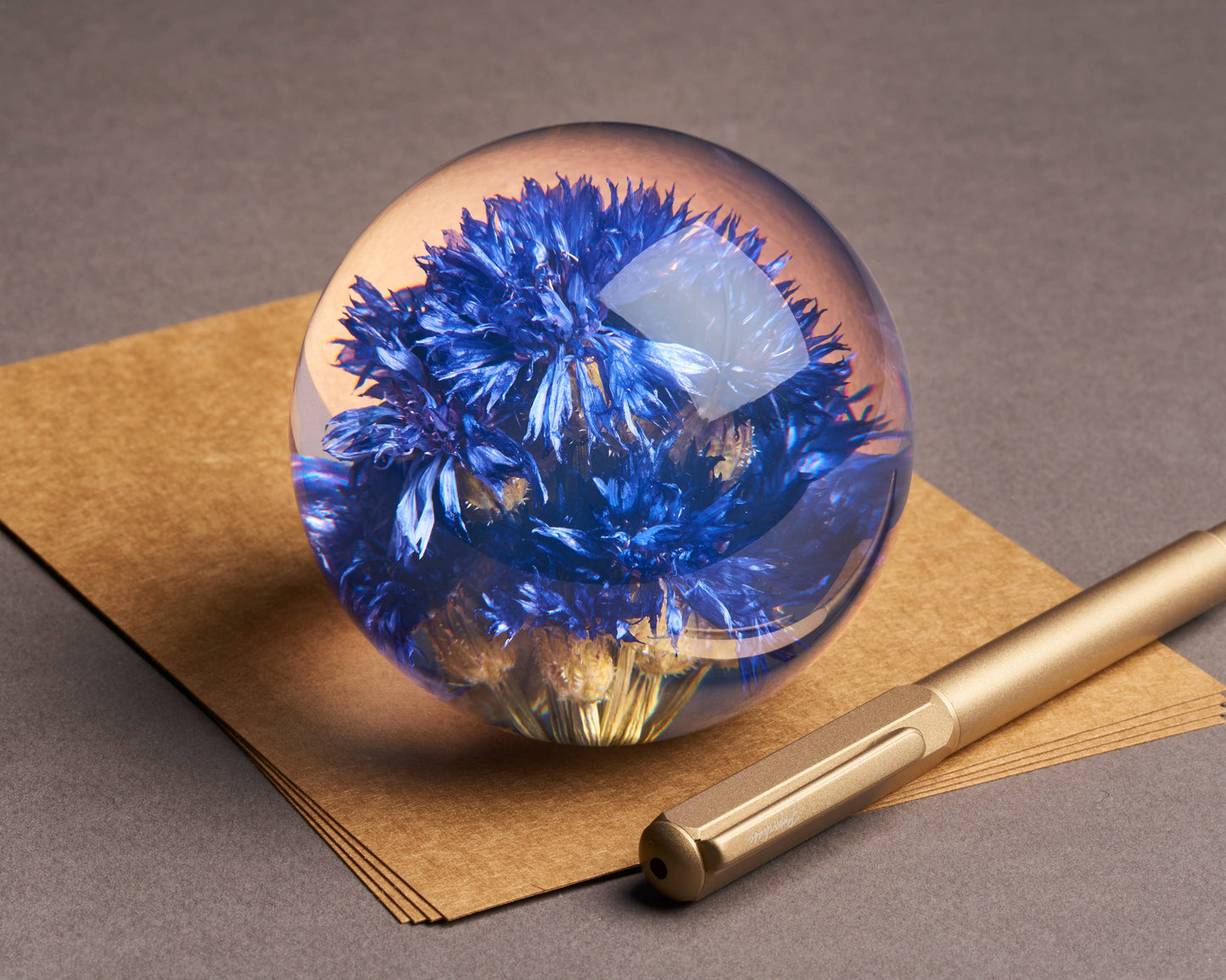 Der Hafod Grange | Briefbeschwerer mit Kornblume von Hafod Grange mit leuchtend blauen Kornblumen in klarem Glas sitzt auf braunem Papier mit einem goldenen Stift - ein elegantes Schreibtisch-Accessoire für Ihren Schreibtisch.