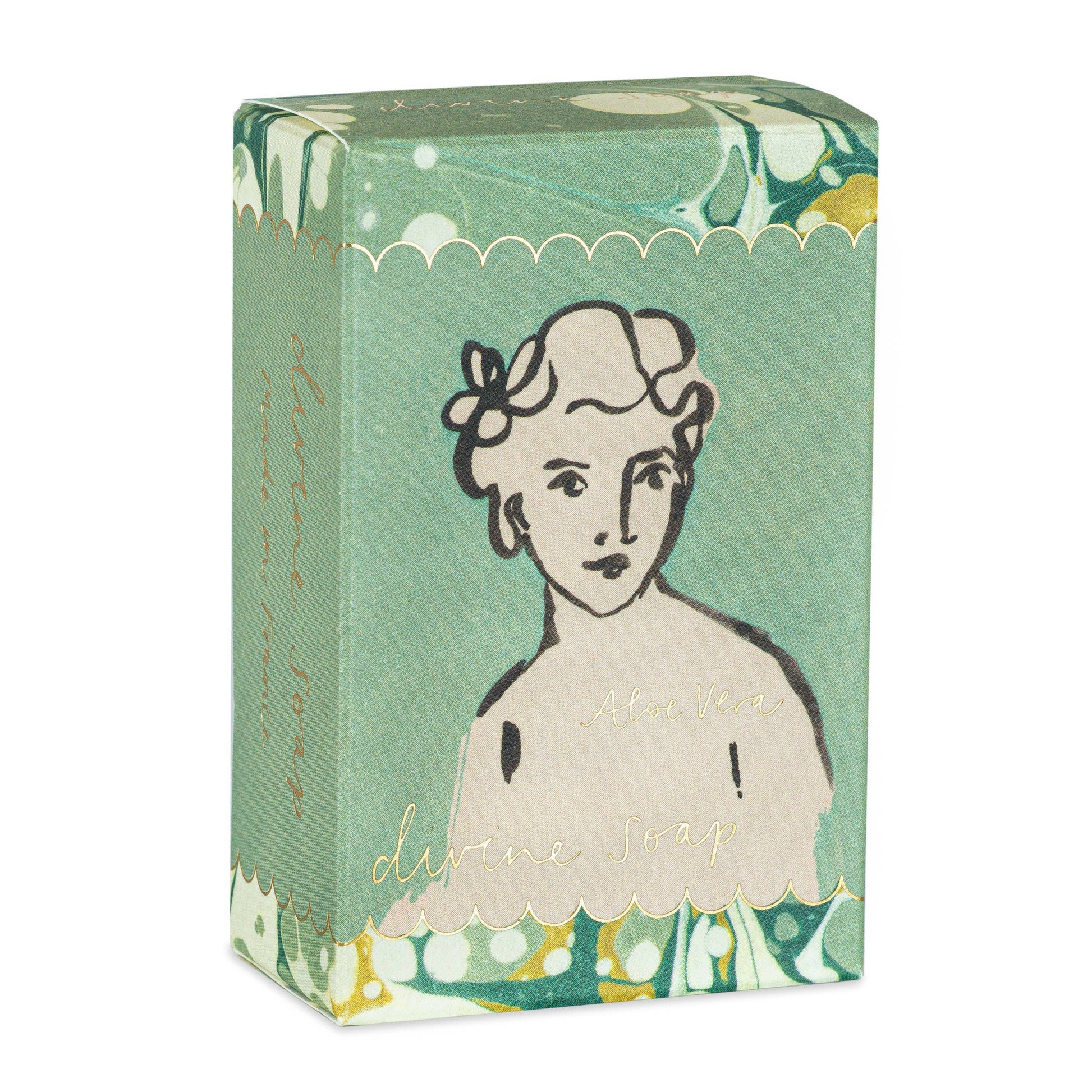 Eine rechteckige 150g Archivist | 'Aloe Vera' Handseifenschachtel von Archivist Gallery, mit einem grün, weiß und gelb marmorierten Design, einer Strichzeichnung einer kurzhaarigen Person und "Savon d'Archivist divine soap" in goldener Schrift.