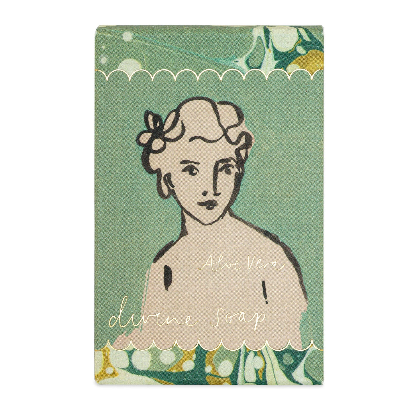 Ein rechteckiges Stück Archivist Gallery 'Aloe Vera' Handseife 150 g kommt in einer grünen Verpackung mit einem floralen, kurzhaarigen Porträt und dem eleganten Aufdruck "Aloe Vera Seife" und "divine soap" auf der Vorderseite.