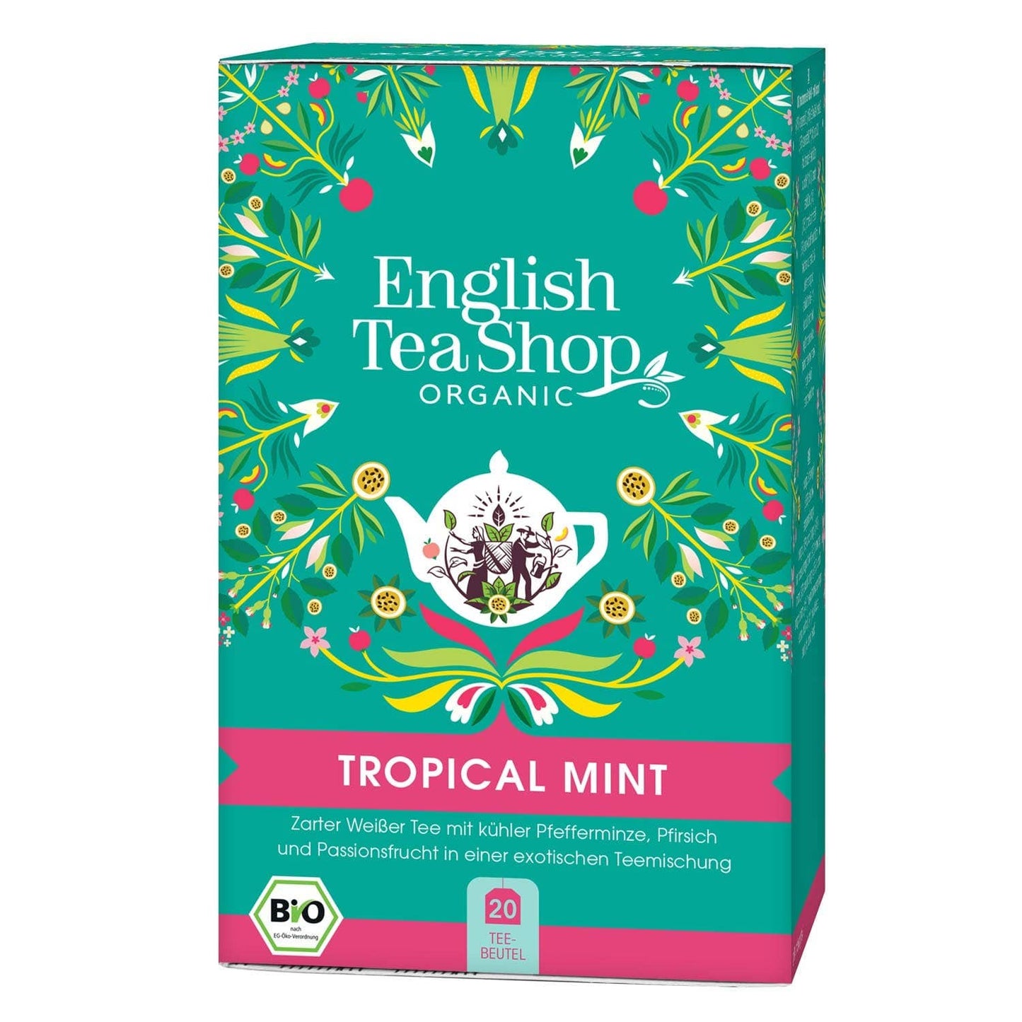 Eine lebendige Schachtel English Tea Shop | Tropical Mint, BIO (20 Teebeutel) von Royal Nature GmbH & Co. KG zeigt Blumen- und Blattmotive, eine weiße Teetasse und deutsche Produktinformationen auf einem türkis-rosa Hintergrund. Enthält Weißtee und erfrischende Pfefferminze.