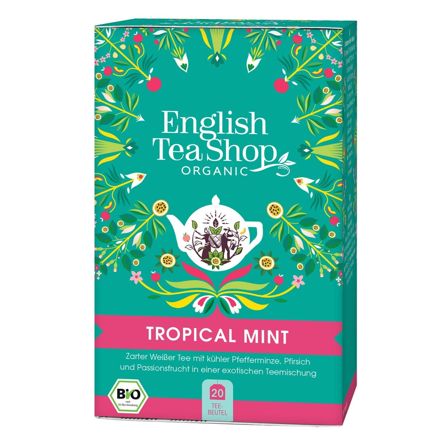 Eine lebendige Schachtel English Tea Shop | Tropical Mint, BIO (20 Teebeutel) von Royal Nature GmbH & Co. KG zeigt Blumen- und Blattmotive, eine weiße Teetasse und deutsche Produktinformationen auf einem türkis-rosa Hintergrund. Enthält Weißtee und erfrischende Pfefferminze.