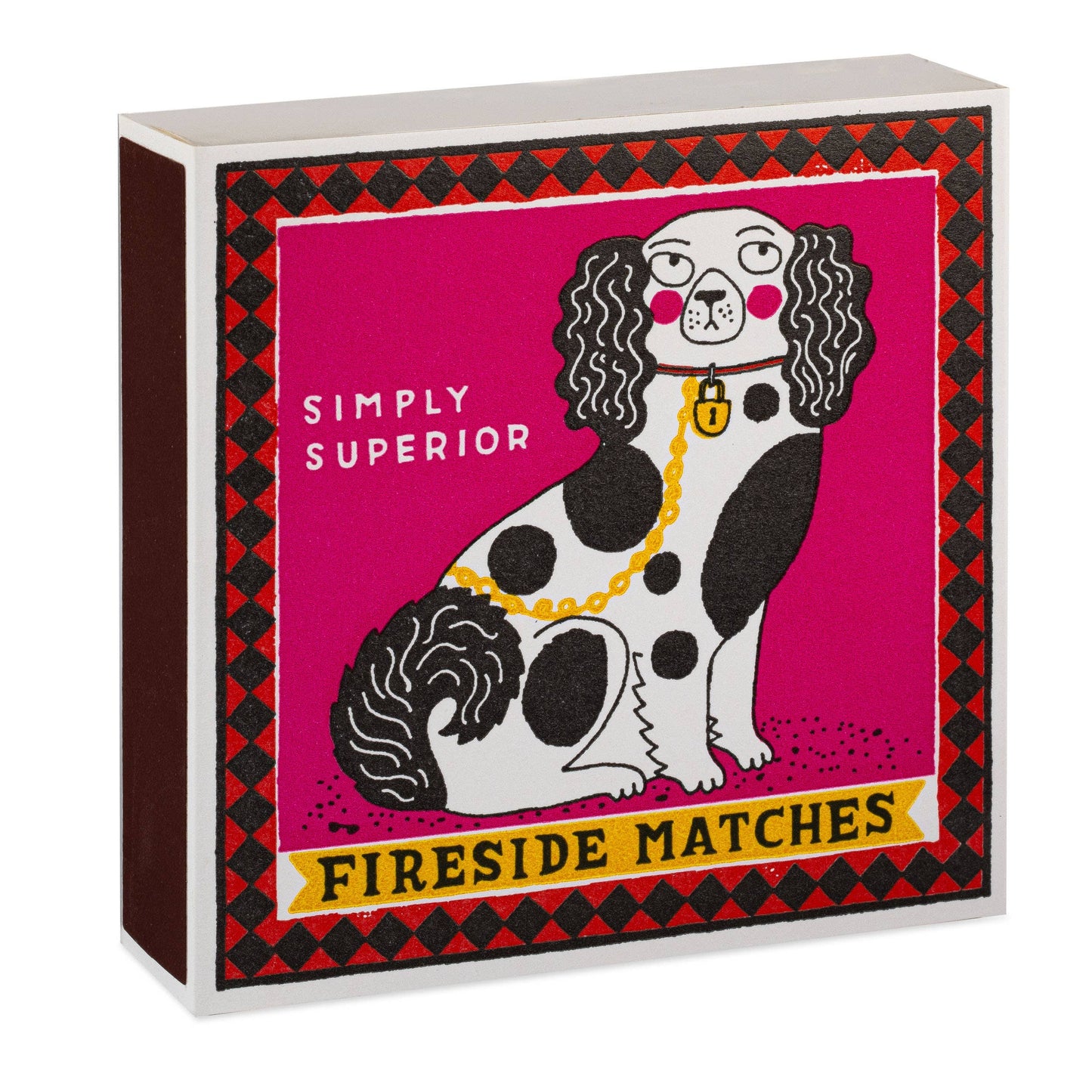 Die Archivist | 'Staffordshire-Figur' Quadratische Streichhölzer von Archivist Gallery haben eine rosa Schachtel mit einem schwarz-weißen Hund mit goldenem Halsband und den Aufschriften "SIMPLY SUPERIOR" und "FIRESIDE MATCHES" - ideal für Kamin-Streichhölzer-Fans.
