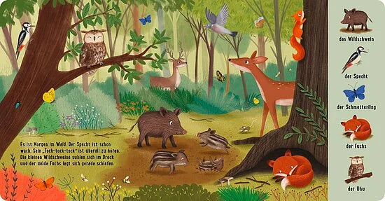 In "Mein 100 Tiere-Wimmelbuch" vom Esslinger Verlag entdecken Kinder ab 24 Monaten viele Tiere wie Eule, Reh, Fuchs und Wildschwein in bunten Waldszenen. Beschriftungen helfen beim Erkennen im farbenfrohen Pappbilderbuch.