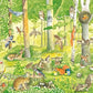 Lebendige Illustration im Wimmelbuch-Stil eines gemischten Waldes mit Vögeln, Eichhörnchen, Kaninchen, Rehen und Füchsen. Ideal für Kinder ab 3 Jahren. Aus "Mein großes Natur-Wimmelbuch" von Esslinger Verlag - Tierlegende am rechten Rand.