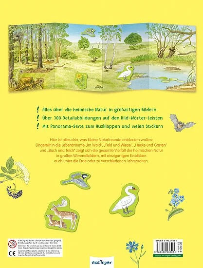 Die Rückseite von Mein großes Natur-Wimmelbuch aus dem Esslinger Verlag zeigt Wald- und Tierszenen, Sticker (Hirsch, Eule, Fledermaus, Vogel, Frosch) und einen deutschen Text über lustige Naturaktivitäten für Kinderbücher ab 3 Jahren.