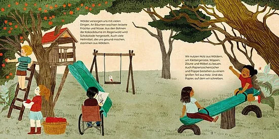 Im Sachbilderbuch "Unsere Welt: Wälder" vom Esslinger Verlag spielen Kinder im Wald, pflücken Äpfel, schaukeln, wippen und lesen. Der Text auf Deutsch erklärt den Lebensraum Wald und wie man Bäume schützt. Ab 4 Jahren geeignet.