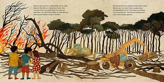 Drei Kinder sehen zu, wie in einem Wald Bäume gefällt und verbrannt werden. Links ist Rauch zu sehen, rechts Bulldozer. "Unsere Welt: Wälder" vom Esslinger Verlag zeigt, warum wir Bäume schützen und den Lebensraum Wald bewahren müssen.