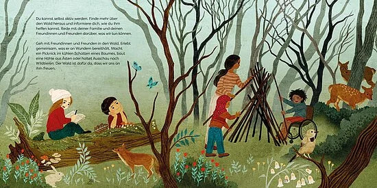 Im Sachbilderbuch "Unsere Welt: Wälder" vom Esslinger Verlag bauen Kinder im Wald Hütten, schreiben oder zeichnen und lernen, Bäume zu schützen. Tiere wie Vögel und Rehe genießen ihren Lebensraum im lebendigen, friedlichen Wald.