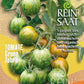 Eine Saatgutpackung von Reinsaat mit der Aufschrift "Tomate 'Green Zebra'" zeigt grün und gelb gestreifte Solanum lycopersicum-Tomaten am Rebstock, die als biologisch und biodynamisch bezeichnet werden. Der Hintergrund zeigt ein gelbes und beiges Muster.