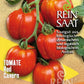 Fünf große, rot-orange gestreifte Stabtomaten der Sorte 'Red Cavern' von ReinSaat an einer Rebe mit grünen Stielen vor gelb-grünem Hintergrund. Text in Deutsch/Englisch hebt aromatischen Geschmack und ökologischen Anbau hervor.