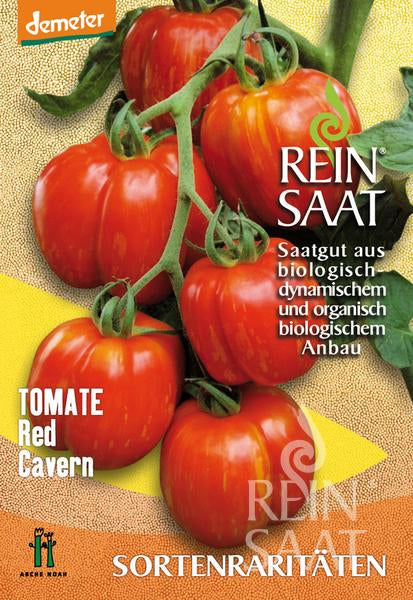 Fünf große, rot-orange gestreifte Stabtomaten der Sorte 'Red Cavern' von ReinSaat an einer Rebe mit grünen Stielen vor gelb-grünem Hintergrund. Text in Deutsch/Englisch hebt aromatischen Geschmack und ökologischen Anbau hervor.