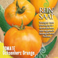 Eine Saatgutpackung von ReinSaat | Tomate 'Ochsenherz Orange' von Reinsaat zeigt drei große orangefarbene Tomaten, enthält einen deutschen Text über Bio-Samenfest-Saatgut und zeigt oben links ein grünes Bio-Zertifizierungslogo.