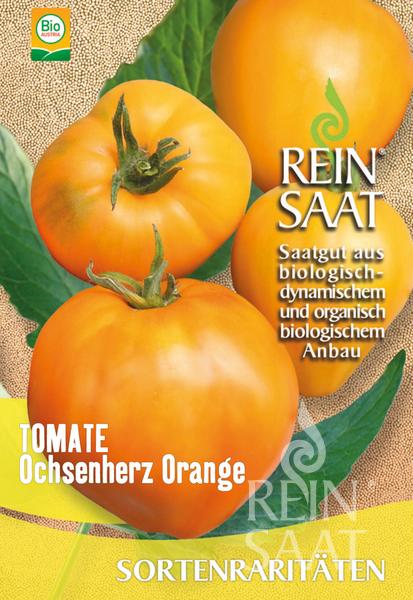 Eine Saatgutpackung von ReinSaat | Tomate 'Ochsenherz Orange' von Reinsaat zeigt drei große orangefarbene Tomaten, enthält einen deutschen Text über Bio-Samenfest-Saatgut und zeigt oben links ein grünes Bio-Zertifizierungslogo.