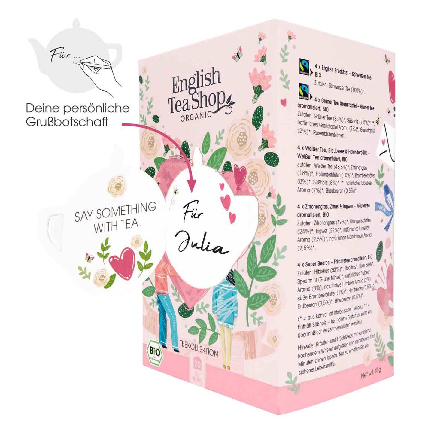 Eine farbenfrohe Schachtel mit English Tea Shop | "For You" Bio-Tee (20 Teebeutel, 5 Sorten) mit floralen Motiven und einem Herzanhänger mit der Aufschrift Für Julia. Perfekt als personalisierbares Tee Geschenk mit deiner Grußbotschaft!.