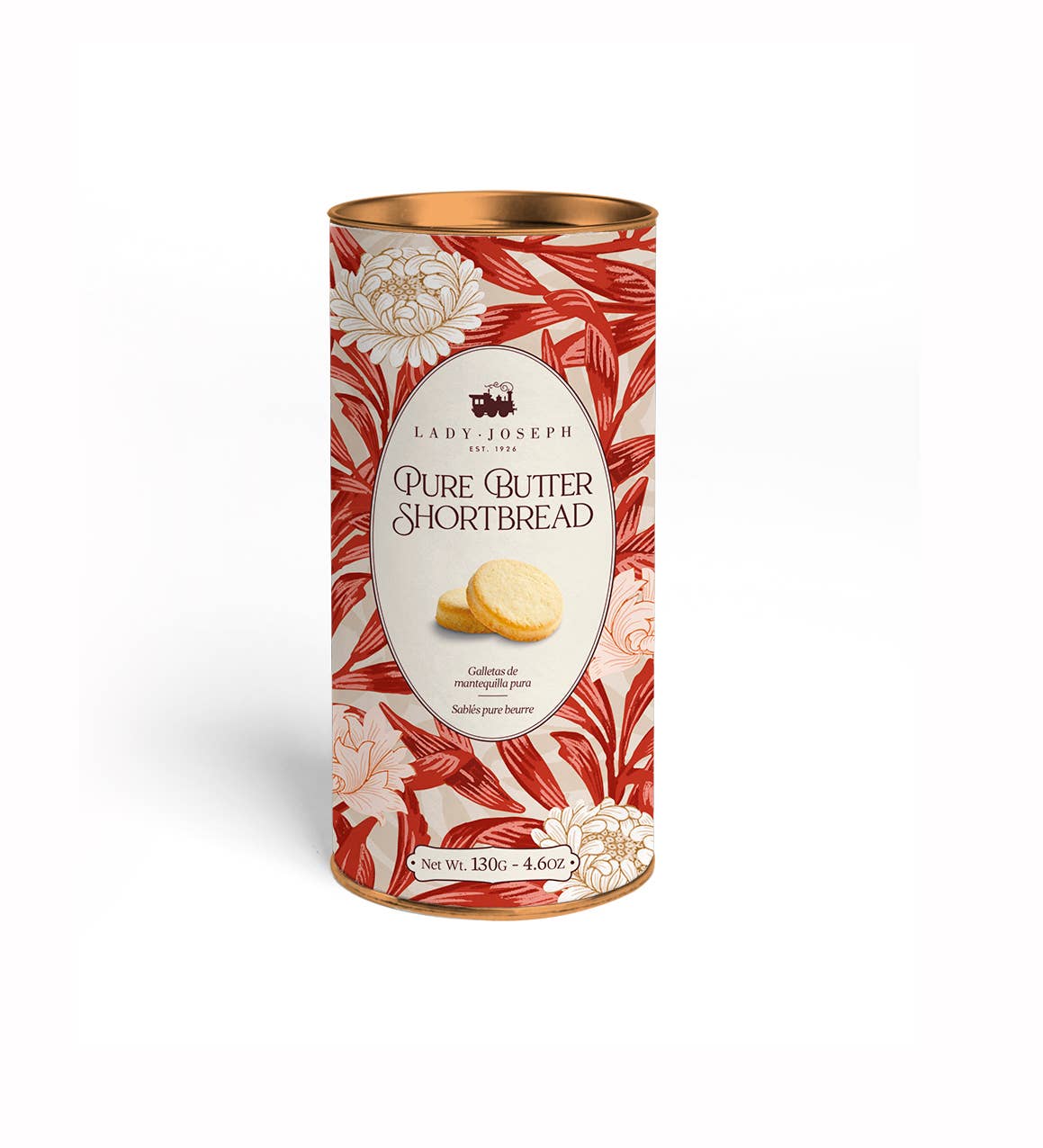 Die zylindrische 130-g-Dose Lady Joseph | Buttergebäck aus reiner Butter Doppel-Butter-Shortbread ist mit einem rot-goldenen Blumendesign und einem ovalen Etikett versehen, das die Marke Lady Joseph und die reinen Butterzutaten hervorhebt.
