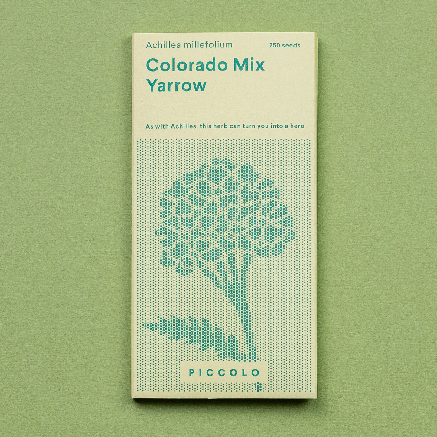 Eine rechteckige Piccolo Seeds - Schafgarbe Colorado Mix Packung mit einer stilisierten Schafgarbe-Illustration auf Grün, enthält 250 Samen und die Piccolo Seeds Marke, perfekt für Ihren Schmetterlingsgarten.