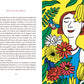 Eine lebhafte Illustration einer lächelnden Frau inmitten gelber Blumen und grüner Blätter erscheint neben einer Seite aus "Das Jahr im Garten | Mit Humor und viel Charme von Karel Čapek" vom Insel Verlag mit dem Titel "DER JUNI IM GARTEN.