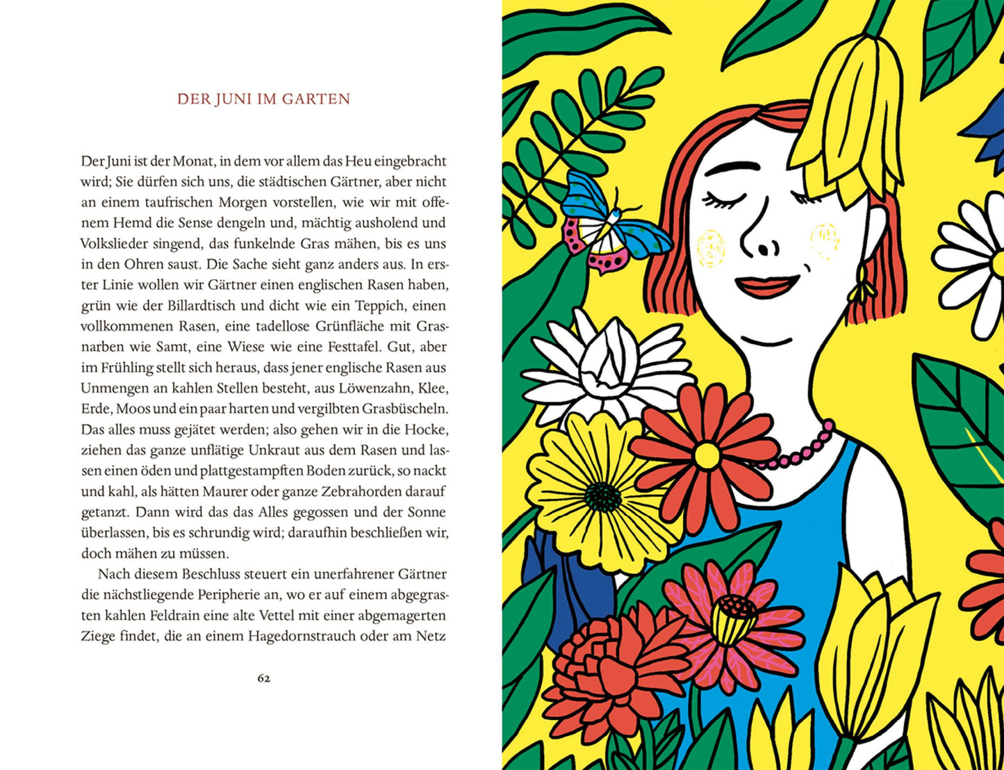 Eine lebhafte Illustration einer lächelnden Frau inmitten gelber Blumen und grüner Blätter erscheint neben einer Seite aus "Das Jahr im Garten | Mit Humor und viel Charme von Karel Čapek" vom Insel Verlag mit dem Titel "DER JUNI IM GARTEN.