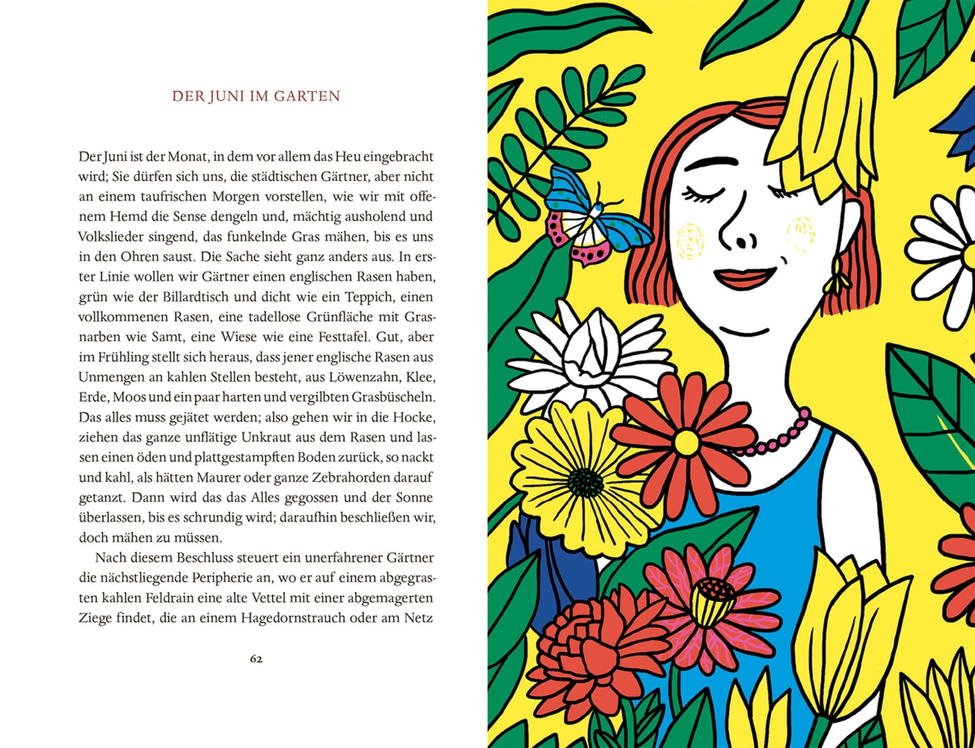 Eine lebhafte Illustration einer lächelnden Frau inmitten gelber Blumen und grüner Blätter erscheint neben einer Seite aus "Das Jahr im Garten | Mit Humor und viel Charme von Karel Čapek" vom Insel Verlag mit dem Titel "DER JUNI IM GARTEN.