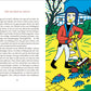 Eine lebhafte Szene mit einer Person in Blau und rotem Schal, die Herbstblätter und Kürbisse harken, vor einem Baum und einem Haus. Auf der linken Seite steht der Text aus "Das Jahr im Garten | Mit Humor und viel Charme von Karel Čapek" (Insel Verlag).