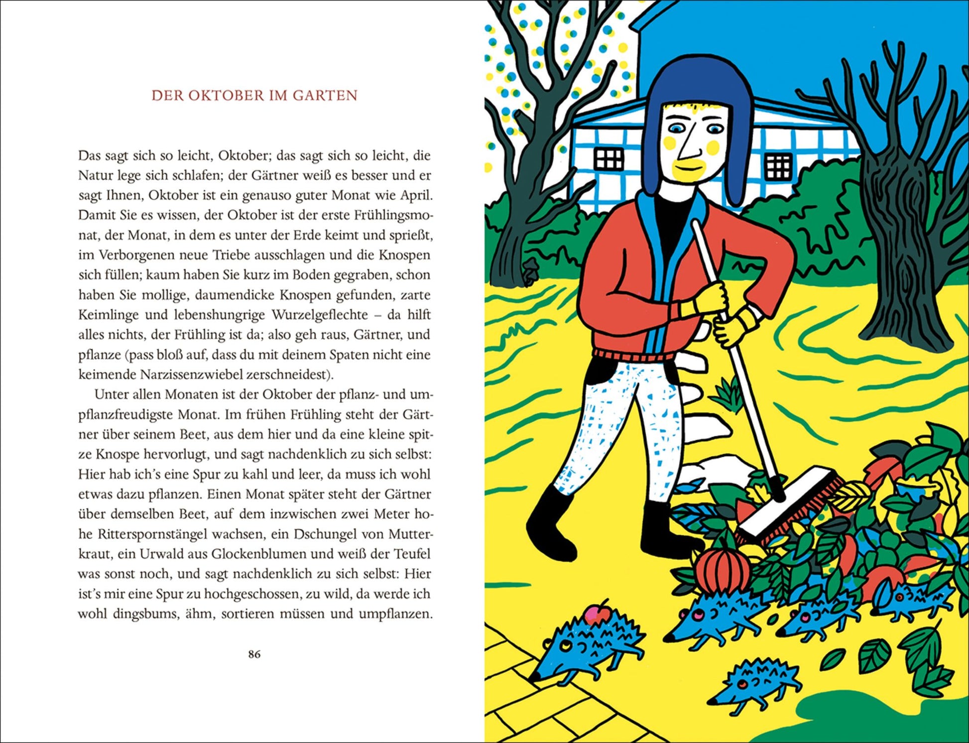 Eine lebhafte Szene mit einer Person in Blau und rotem Schal, die Herbstblätter und Kürbisse harken, vor einem Baum und einem Haus. Auf der linken Seite steht der Text aus "Das Jahr im Garten | Mit Humor und viel Charme von Karel Čapek" (Insel Verlag).