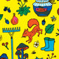 Inspiriert von Karel Čapeks "Das Jahr im Garten" aus dem Insel Verlag zeigt dieses gelbe Muster ein rotes Eichhörnchen, Pilze, Stiefel, Werkzeuge, Beeren, Eicheln, Blätter, einen Schmetterling, ein "Pflaume"-Glas und charmante Gartenmotive.