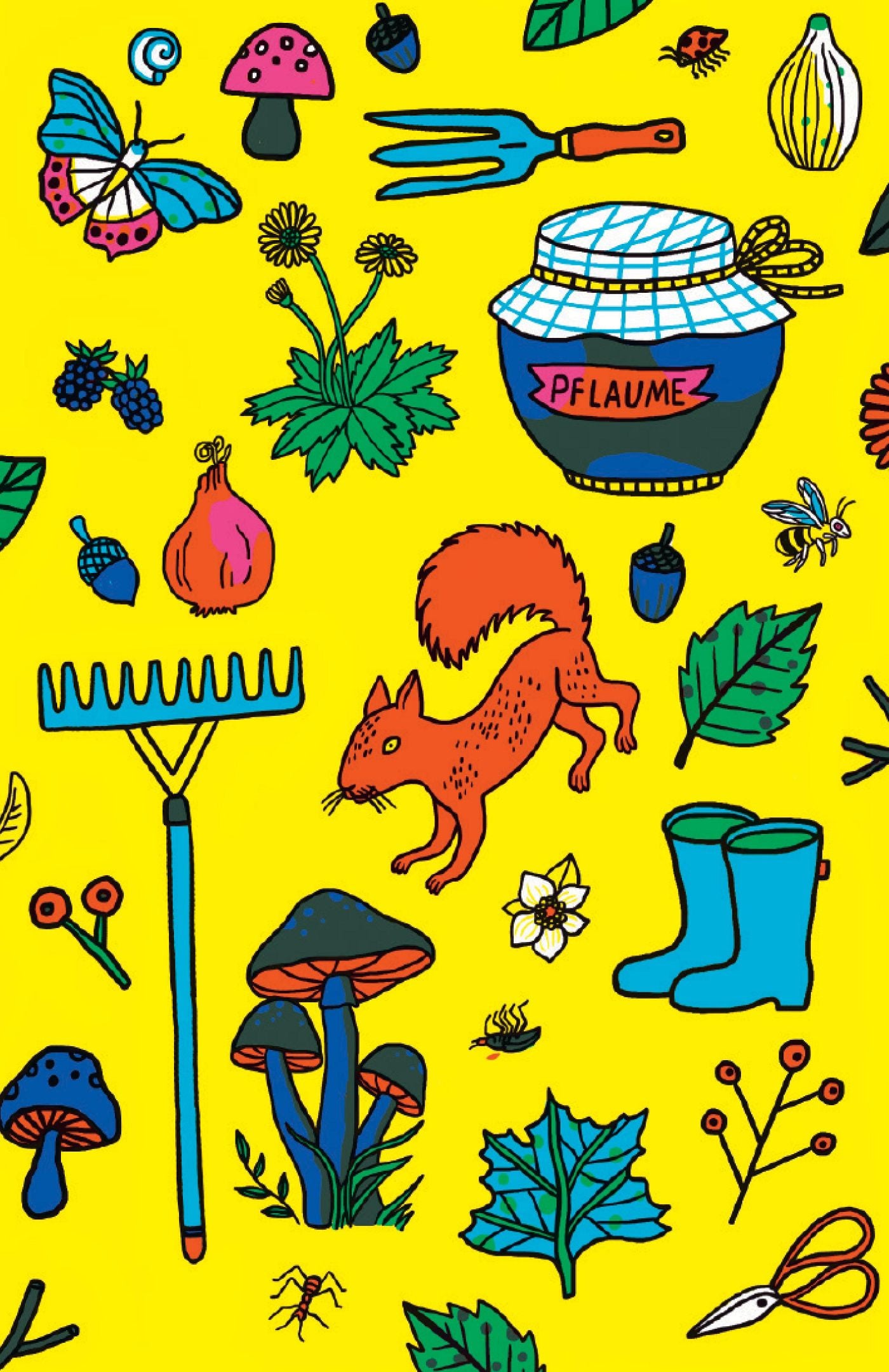 Inspiriert von Karel Čapeks "Das Jahr im Garten" aus dem Insel Verlag zeigt dieses gelbe Muster ein rotes Eichhörnchen, Pilze, Stiefel, Werkzeuge, Beeren, Eicheln, Blätter, einen Schmetterling, ein "Pflaume"-Glas und charmante Gartenmotive.