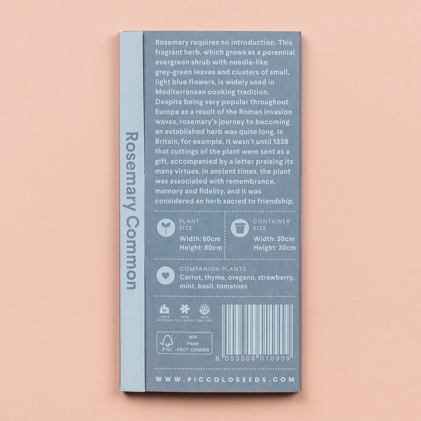 Piccolo Seeds | Rosmarin Common: Ein Samenpaket von Piccolo Seeds mit Rosmarin Common, einem immergrünen mediterranen Kraut. Die pfirsichfarbene Packung enthält Informationen über die Größe der Pflanzen, Begleitpflanzen und eine Beschreibung des Rosmarins.