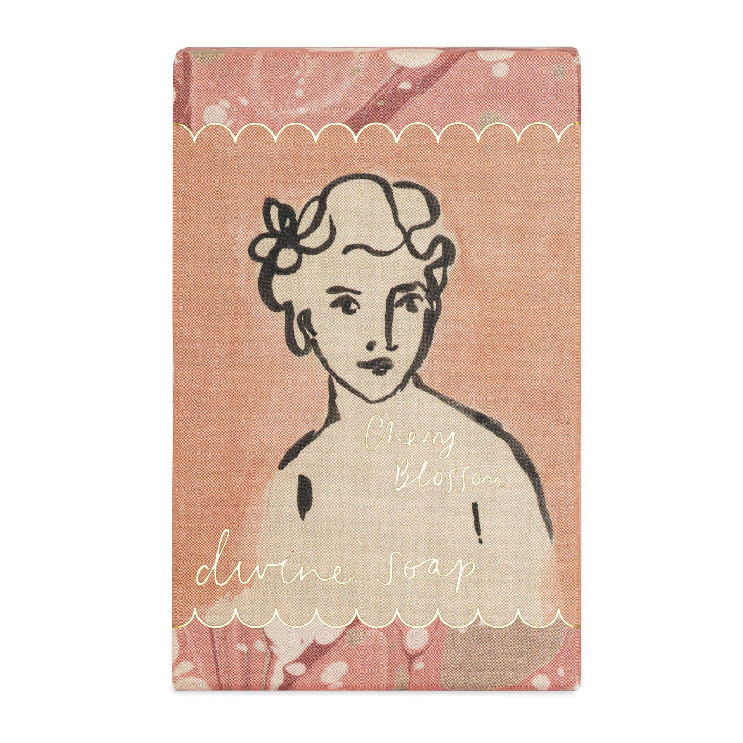 Ein 150 g schwerer rechteckiger Riegel Archivist Gallery | 'Cherry Blossom' Handseife ist in einer rosafarbenen Verpackung mit einer illustrierten Frau und weißen Wellenkanten verpackt, perfekt für luxuriöse Körperpflege.
