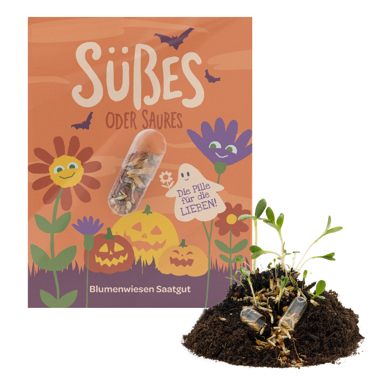 Eine farbenfrohe Verpackung, verziert mit Blumen, Kürbissen und deutschem Text, zeigt eine durchsichtige Kapsel, die Samen enthält. Im Vordergrund sind Erde mit keimenden Sämlingen und eine sichtbare Samenkapsel zu sehen. Das fröhliche Design steht ganz im Zeichen von Halloween und präsentiert das Saatgut „Süßes oder Saures“ von Stadtgärtner – die Halloween-Saatpille „Süßes“, eine Wildsamenmischung, die sich perfekt für Feierlichkeiten in Stadtgärten eignet.