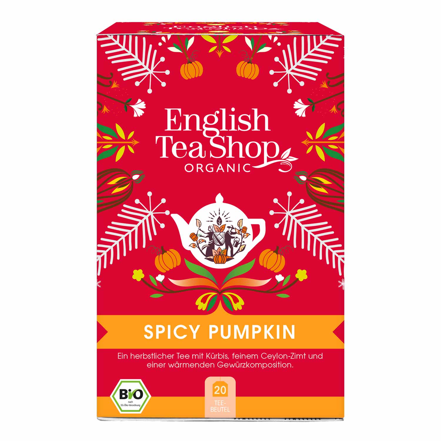 The English Tea Shop Wintertee 'Spicy Pumpkin' BIO wird in einer roten Schachtel mit weißen Blättern und orangefarbenen Kürbissen geliefert und enthält 20 Bio-Teebeutel, die mit würzigem Kürbis und Ceylon-Zimt aromatisiert sind - ideal für den Winter.