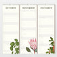 Der Wildblumen Atelier Wandkalender 2026 zeigt die Monate Oktober, November und Dezember in deutscher Sprache, jeweils mit handgezeichneten Blumen und linierten Tagesplätzen auf FSC-zertifiziertem Naturpapier.
