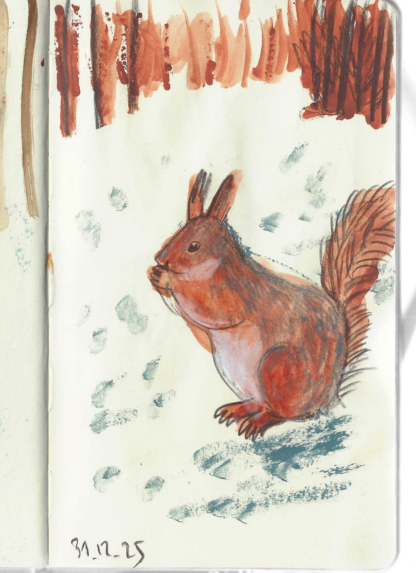 Aquarell- und Bleistiftskizze eines braunen Eichhörnchens im Schnee inmitten von Bäumen, entstanden im AQUARELL WORKSHOP Tiere Skizzieren der Königlichen Gartenakademie (Fr. 02.10.2026, 10:00-13:00). Datum auf der Ecke geschrieben: 31.12.25.