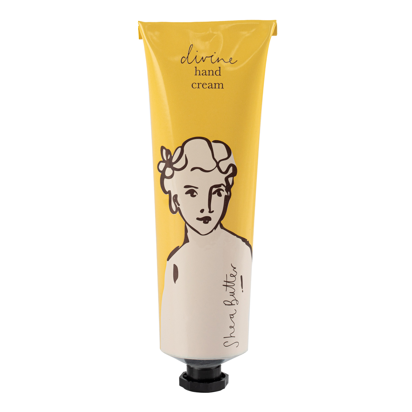 Eine gelbe und beigefarbene Tube Archivist | 'Sheabutter' Handcreme von Archivist Gallery, die auf der Vorderseite eine einfache Strichzeichnung eines Frauengesichts zeigt.