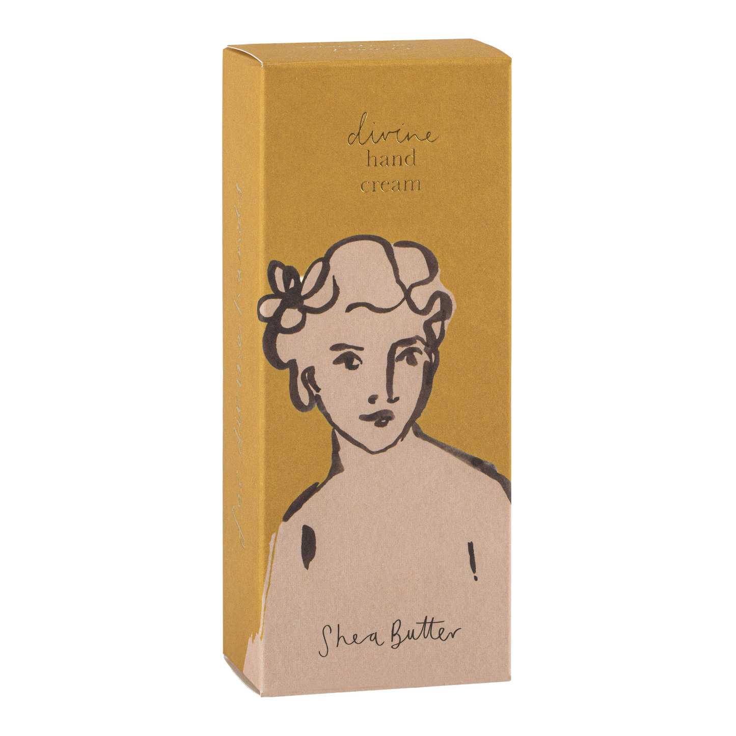 Eine rechteckige Schachtel mit der Handcreme Sheabutter" von Archivist Gallery, die eine minimalistische Strichzeichnung einer Frau mit Blumen im Haar auf einem senfgelben Hintergrund aus Kraftpapier zeigt.