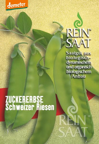 Die Saatgutpackung ReinSaat | Zuckererbse 'Schweizer Riesen' zeigt große grüne Zuckererbsenschoten und Blätter, gekennzeichnet mit dem Demeter-Logo für biologischen und biodynamischen Anbau. Marke: Reinsaat.