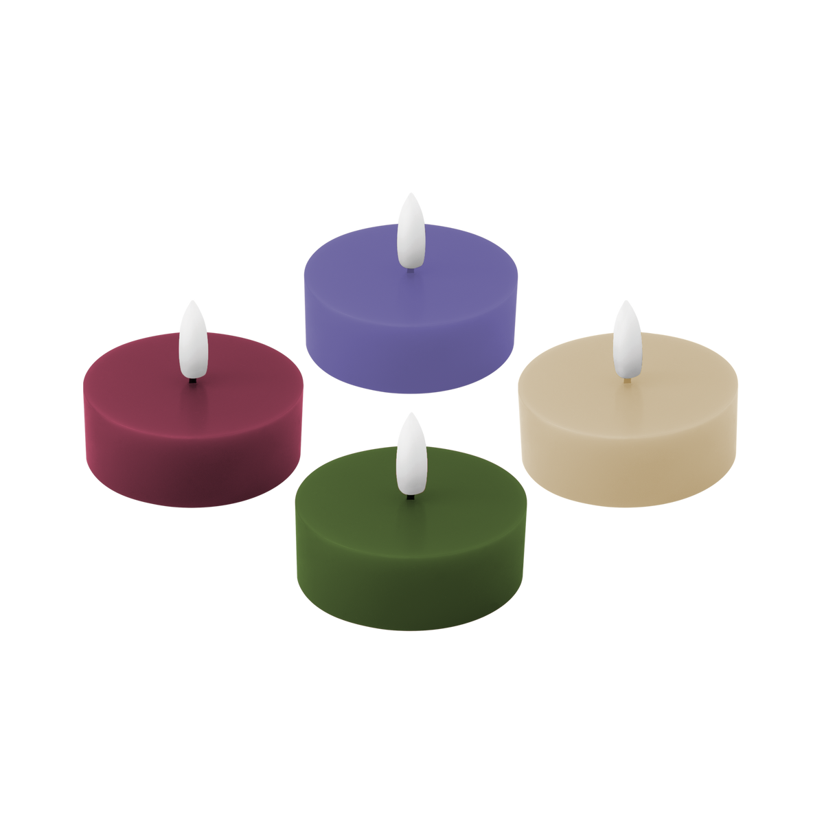 Das „Nora“-4er-Set „Remember LED Teelicht“ von Remember umfasst vier runde LED-Kerzen in den Farben Rot, Lila, Beige und Grün, die jeweils mit einer weißen, flammenförmigen Spitze versehen sind und vor einem schlichten weißen Hintergrund präsentiert werden.