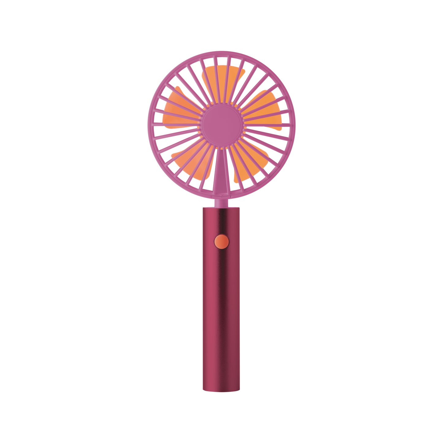 Der Remember | Ventilator 'Flow Berry' von Remember ist ein kompakter, handgehaltener Ventilator in Pink und Orange mit zylindrischem Griff und kreisförmigem Blattschutz - ideal als mobiler Ventilator für unterwegs.