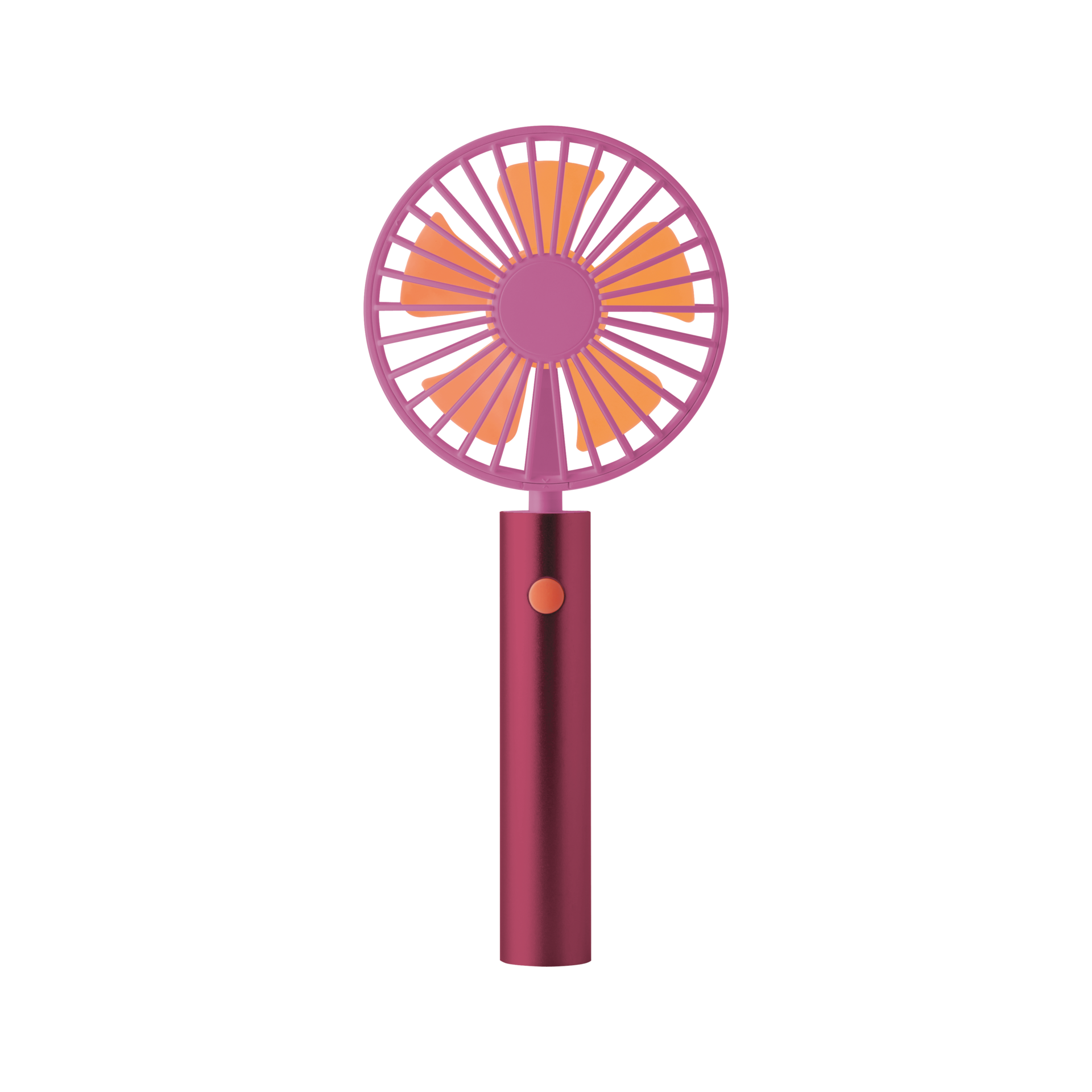 Der Remember | Ventilator 'Flow Berry' von Remember ist ein kompakter, handgehaltener Ventilator in Pink und Orange mit zylindrischem Griff und kreisförmigem Blattschutz - ideal als mobiler Ventilator für unterwegs.