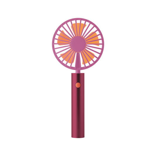 Ein tragbarer Handventilator mit rosafarbenem Griff und orangefarbenen Flügeln, von vorne gesehen auf einem schlichten weißen Hintergrund - der stilvolle Remember | Ventilator 'Berry' von Remember.