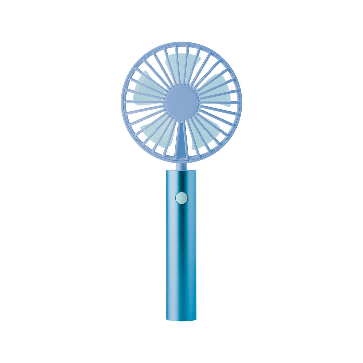 Der Remember Ventilator 'Flow Aqua' ist ein handgehaltener blauer Ventilator mit einem runden Blattschutz und einem einzigen Knopf am Griff, der auf weißem Hintergrund abgebildet ist.