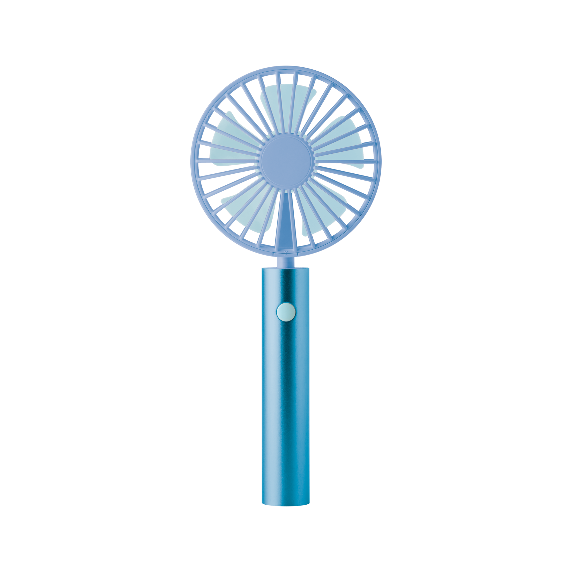 Der Remember Ventilator 'Flow Aqua' ist ein handgehaltener blauer Ventilator mit einem runden Blattschutz und einem einzigen Knopf am Griff, der auf weißem Hintergrund abgebildet ist.
