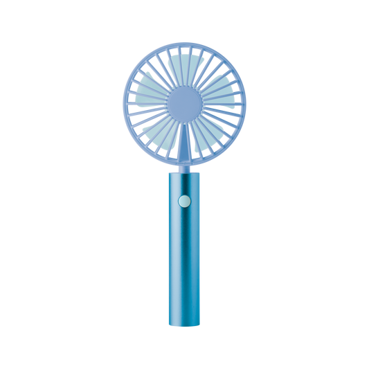 Der Remember Ventilator 'Flow Aqua' ist ein handgehaltener blauer Ventilator mit einem runden Blattschutz und einem einzigen Knopf am Griff, der auf weißem Hintergrund abgebildet ist.