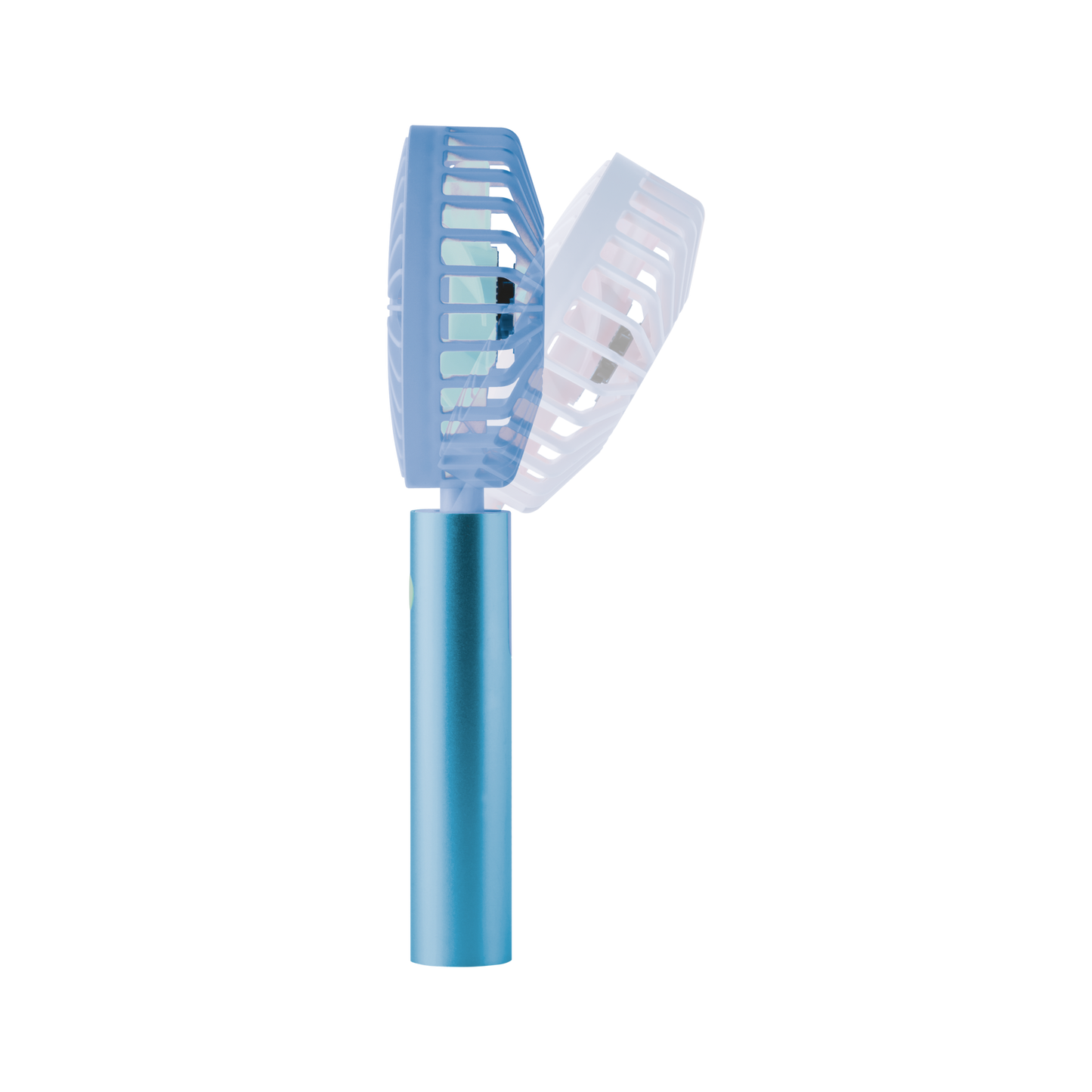 Der Remember Ventilator 'Flow Aqua' von Remember ist ein blauer Handventilator mit einem verstellbaren Kopf, der in zwei geneigten Positionen auf weißem Hintergrund gezeigt wird - ideal als tragbarer Ventilator für kühlen Komfort, wo immer Sie hingehen.