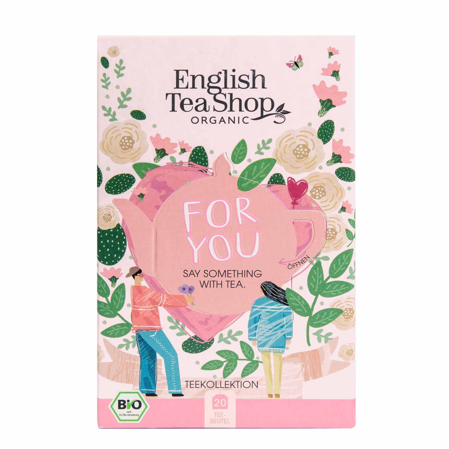 English Tea Shop | "For You" Bio-Tee: 20 Teebeutel, 5 Sorten. Teil der Bio Tee Kollektion - hübsche Geschenkbox mit pinker Teekanne und Blumendesign. Perfekt als Tee Geschenk!.